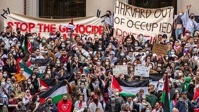 Supporters of Palestine gather at Harvard University to show their support for Palestinians in Gaza at a rally in Cambridge, Massachusetts, on October 14, 2023 (Photo by Joseph Prezioso / AFP) (AFP) Supporters of Palestine gather at Harvard University to show their support for Palestinians in Gaza at a rally in Cambridge, Massachusetts, on October 14, 2023 (Photo by Joseph Prezioso / AFP) (AFP)