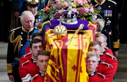King Charles III and members of the Royal family follow behind the coffin of Queen Elizabeth II. (AP) King Charles III and members of the Royal family follow behind the coffin of Queen Elizabeth II. (AP)