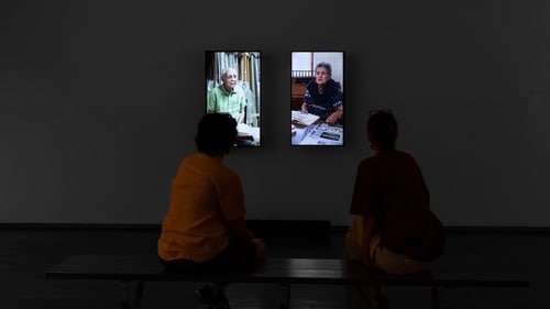 DeepFacts, 2-channel video, with audience. Chemould Prescott Road. (Photo Credit: Anil Rane)
