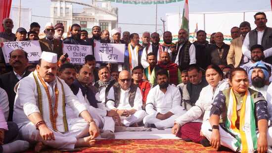 UP Congress president Ajay Rai and party workers and leaders held a dharna in Lucknow on Friday (Sourced)