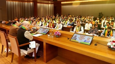 Union Home Minister Amit Shah with Bharatiya Janata Party (BJP) National President JP Nadda during the BJP's national office-bearers meeting, at party headquarters, in New Delhi. (X/Amit Shah) Union Home Minister Amit Shah with Bharatiya Janata Party (BJP) National President JP Nadda during the BJP's national office-bearers meeting, at party headquarters, in New Delhi. (X/Amit Shah)