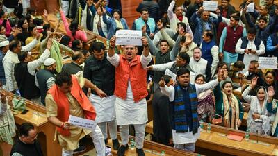 BJP councillors shout slogans during the MCD special house meeting on Saturday. (Raj K Raj/HT Photo) BJP councillors shout slogans during the MCD special house meeting on Saturday. (Raj K Raj/HT Photo)