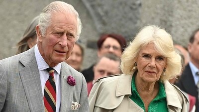 Britain's King Charles III and Britain's Queen Camilla react during a visit to Enniskillen Castle. (AFP)