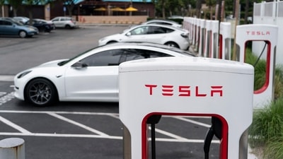 Tesla electric vehicles are charged at a charging station in Anaheim, Calif., June 9, 2023. (AP) Tesla electric vehicles are charged at a charging station in Anaheim, Calif., June 9, 2023. (AP)