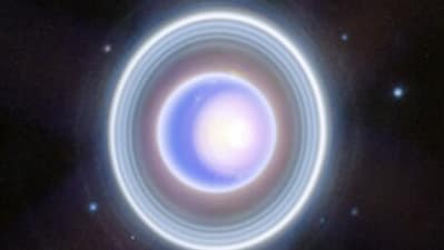 This image of Uranus, taken by NASA's James Webb Space Telescope's Near-Infrared Camera (NIRCam), offers a heightened clarity of the planet and its rings. The Webb's image impeccably reveals Uranus's seasonal north polar cap, showcasing both the luminous, white inner cap and the shadowy lane at the polar cap's base. Furthermore, the image captures Uranus's faint inner and outer rings, notably highlighting the elusive Zeta ring—an exceedingly subtle and diffuse ring situated closest to the planet. (NASA, ESA, CSA, STScI) This image of Uranus, taken by NASA's James Webb Space Telescope's Near-Infrared Camera (NIRCam), offers a heightened clarity of the planet and its rings. The Webb's image impeccably reveals Uranus's seasonal north polar cap, showcasing both the luminous, white inner cap and the shadowy lane at the polar cap's base. Furthermore, the image captures Uranus's faint inner and outer rings, notably highlighting the elusive Zeta ring—an exceedingly subtle and diffuse ring situated closest to the planet. (NASA, ESA, CSA, STScI)