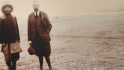 A photograph of King George V (right) with Nepal's Prime Minister Chandra Shumsher Rana in 1911, shown at the 1923 Nepal-UK Treaty Centenary Conference organised at Yala Maya Kendra, Lalitpur, Nepal (Akhilesh Upadhyay)