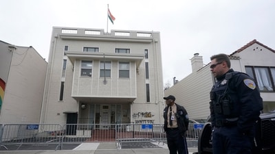 A security guard and San Francisco Police Officer stand in front of the entrance to the Consulate General of India in San Francisco (AP) A security guard and San Francisco Police Officer stand in front of the entrance to the Consulate General of India in San Francisco (AP)