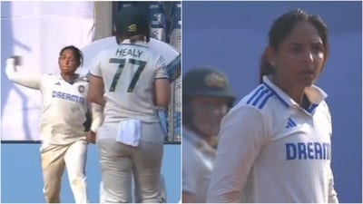 Harmanpreet Kaur attempts a run out against Alyssa Healy (X) Harmanpreet Kaur attempts a run out against Alyssa Healy (X)