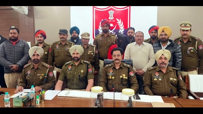 Patiala SSP Varun Sharma, along with other officers, addresses a press conference in Patiala on Saturday. (ANI)