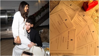 Priyanka Chopra and Nick Jonas enjoyed a holiday dinner with their friends and shared some snippets from the occasion with fans on social media. While Nick shared a picture of him hugging Priyanka as she sat on his lap, Priyanka shared the same image and a few photos of their holiday menu, gala time with friends, and decorations. She also dropped adorable clicks of her and Nick's daughter, Malti. Scroll through to see moments from Priyanka's post. (Instagram) Priyanka Chopra and Nick Jonas enjoyed a holiday dinner with their friends and shared some snippets from the occasion with fans on social media. While Nick shared a picture of him hugging Priyanka as she sat on his lap, Priyanka shared the same image and a few photos of their holiday menu, gala time with friends, and decorations. She also dropped adorable clicks of her and Nick's daughter, Malti. Scroll through to see moments from Priyanka's post. (Instagram)