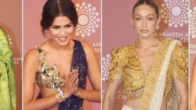 8. From eccentric multi coloured to multi patterned designs on the fabric provided an edge by exhibiting statement expressed with vivid colours radiating more power, the stage was set on fire when Hollywood celebrities including Zendaya and Gigi Hadid wore pre draped saree and ethereal chikankari saree respectively. (HT Photo/Varinder Chawla) 8. From eccentric multi coloured to multi patterned designs on the fabric provided an edge by exhibiting statement expressed with vivid colours radiating more power, the stage was set on fire when Hollywood celebrities including Zendaya and Gigi Hadid wore pre draped saree and ethereal chikankari saree respectively. (HT Photo/Varinder Chawla)