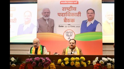 Union Home Minister Amit Shah with Bharatiya Janata Party (BJP) National President JP Nadda during the BJP's national office-bearers meeting, at party headquarters, in New Delhi on Saturday. (JPNadda-X) Union Home Minister Amit Shah with Bharatiya Janata Party (BJP) National President JP Nadda during the BJP's national office-bearers meeting, at party headquarters, in New Delhi on Saturday. (JPNadda-X)