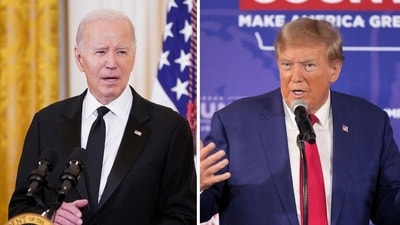 Joe Rogan criticizes Biden for remarks about the Revolutionary War, only to realize he attributed Trump's words to the current president. (REUTERS/Nathan Howard/File Photo, AP/PTI) Joe Rogan criticizes Biden for remarks about the Revolutionary War, only to realize he attributed Trump's words to the current president. (REUTERS/Nathan Howard/File Photo, AP/PTI)