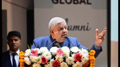 Vice President of India Jagdeep Dhankhar delivering his speech at the 4th Global Alumni Meet of Panjab University at Law Auditorium of University in Chandigarh on Saturday. (Ravi Kumar/HT)
