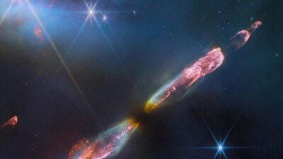 A newborn star only a few tens of thousands of years old, with supersonic jets of gas spewing from its poles, is seen in a composite image taken by the James Webb Telescope and released by NASA on September 14, 2023. This specific Herbig-Haro object is called Herbig-Haro (HH) 211. At roughly 1,000 light-years away from Earth, this specific star Herbig-Haro (HH) 211 is one of the youngest and nearest objects of its type.&nbsp; (NASA/ESA via REUTERS)