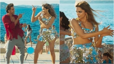 Deepika Padukone wore a gold and silver embellished skirt and bralette for a Fighter song with Hrithik Roshan. (YouTube) Deepika Padukone wore a gold and silver embellished skirt and bralette for a Fighter song with Hrithik Roshan. (YouTube)
