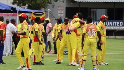 Uganda players celebrate their win over Zimbabwe (ICC) Uganda players celebrate their win over Zimbabwe (ICC)