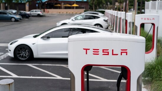 Tesla electric vehicles are charged at a charging station in Anaheim, Calif., June 9, 2023. (AP)