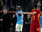 Napoli's Nigerian forward #09 Victor Osimhen (C) walks off the pitch after a red card Napoli's Nigerian forward #09 Victor Osimhen (C) walks off the pitch after a red card