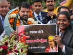 BJP MP Brij Bhushan Sharan Singh with supporters after UP Wrestling Association Vice President Sanjay Singh became the new President of the Wrestling Federation of India (WFI), in New Delhi, Thursday. (File)
