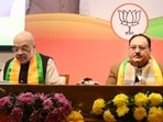 Union home minister Amit Shah with BJP national president JP Nadda during the BJP's national office-bearers meeting, at party headquarters, in New Delhi on Saturday. 