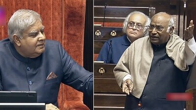 Rajya Sabha Chairman Jagdeep Dhankhar and Leader of Opposition in the House Mallikarjun Kharge (ANI)