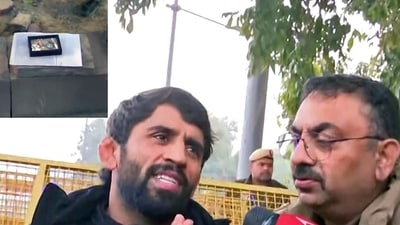A combination of pictures shows the Padma Shri award that is placed on the pavement near Kartavya Path by wrestler Bajrang Punia as he speaks to the media on returning his award after former Wrestling Federation of India (WFI) (ANI) A combination of pictures shows the Padma Shri award that is placed on the pavement near Kartavya Path by wrestler Bajrang Punia as he speaks to the media on returning his award after former Wrestling Federation of India (WFI) (ANI)