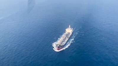 The India-bound merchant vessel, MV Chem Pluto being escorted back by the Indian Coast Guard Ship Vikram after coming under attack by a drone in the Arabian Sea, (ANI)