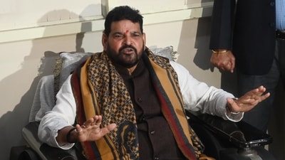 BJP MP Brij Bhushan holding a press conference at his residence after the suspension of new elected WFI body. (Hindustan Times) BJP MP Brij Bhushan holding a press conference at his residence after the suspension of new elected WFI body. (Hindustan Times)
