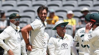 Australia's Mitchell Starc (3rd R) reacts after taking the wicket of Pakistan's Abdullah Shafique (L) on day four of the first Test cricket match between Australia and Pakistan in Perth on December 17, 2023 (AFP) Australia's Mitchell Starc (3rd R) reacts after taking the wicket of Pakistan's Abdullah Shafique (L) on day four of the first Test cricket match between Australia and Pakistan in Perth on December 17, 2023 (AFP)
