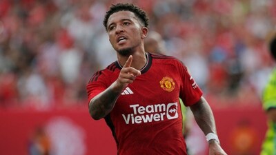 Jadon Sancho celebrates scoring a goal for Manchester United. (AFP) Jadon Sancho celebrates scoring a goal for Manchester United. (AFP)