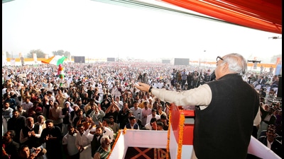 Former Haryana chief minister and leader of Opposition Bhupinder Singh Hooda addressing a rally in Sirsa. (HT) Former Haryana chief minister and leader of Opposition Bhupinder Singh Hooda addressing a rally in Sirsa. (HT)
