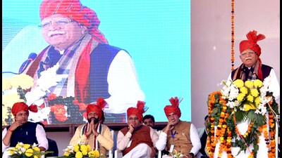 Haryana Chief Minister Manohar Lal addressing the gathering in Bhiwani . (HT PHOTO) Haryana Chief Minister Manohar Lal addressing the gathering in Bhiwani . (HT PHOTO)