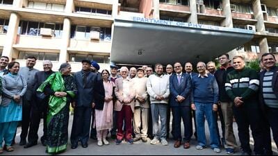 Panjab University alumni of the physics department at the global alumni meet on Saturday. (Ravi Kumar/HT)
