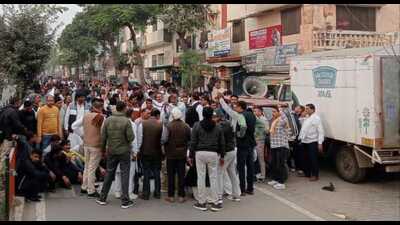 Roadways union staged a protest outside CM house in Karnal . (HT)