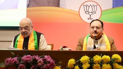Union home minister Amit Shah with BJP national president JP Nadda during the BJP's national office-bearers meeting, at party headquarters, in New Delhi on Saturday. Union home minister Amit Shah with BJP national president JP Nadda during the BJP's national office-bearers meeting, at party headquarters, in New Delhi on Saturday.