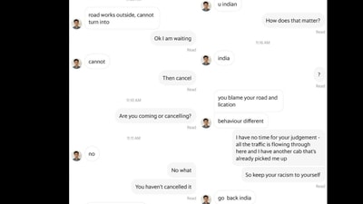Screenshot of the text exchange between the Singapore cab driver and Indian passenger. (Instagram/@sgfollowsall) Screenshot of the text exchange between the Singapore cab driver and Indian passenger. (Instagram/@sgfollowsall)