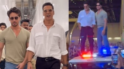 Akshay Kumar and Tiger Shroff at Umang event in Mumbai. Akshay Kumar and Tiger Shroff at Umang event in Mumbai.