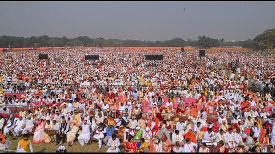 BJP supporters and devotees participate in 'Lokkho Kanthe Gita Path' (one lakh Bhagwad Gita recitation) event at Brigade Parade Ground in Kolkata on Sunday. (PTI)