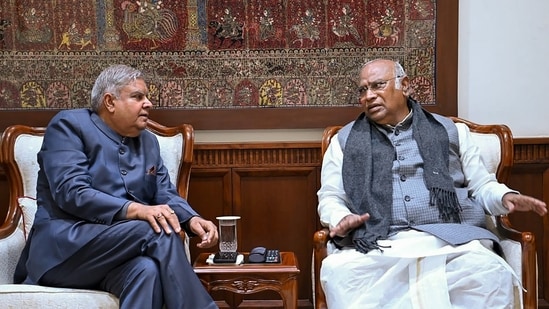 Vice President and Rajya Sabha Chairman Jagdeep Dhankhar with Leader of Opposition in the Rajya Sabha Mallikarjun Kharge (PTI)