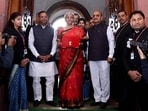 Nirmala Sitharaman, Union minister for finance and corporate affairs along with the ministers of state for finance, Pankaj Chaudhary and Dr. Bhagwat Kishanrao Karad and the senior officials arrived at Parliament ahead of presenting the Union Budget 2023-24 in New Delhi, India. (Hindustan Times)