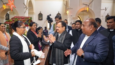 BJP President JP Nadda visiting Sacred Heart Cathedral Catholic Church on Christmas Day in New Delhi. (PTI) BJP President JP Nadda visiting Sacred Heart Cathedral Catholic Church on Christmas Day in New Delhi. (PTI)