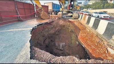 Repair works underway on the Gurugram-Sohna elevated road on Monday. (Parveen Kumar/HT Photo) Repair works underway on the Gurugram-Sohna elevated road on Monday. (Parveen Kumar/HT Photo)