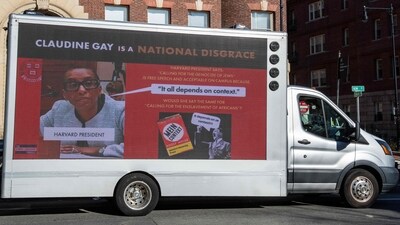 A truck calling the president of Harvard a disgrace drives around Harvard University in Cambridge, Massachusetts on December 12, 2023 (Photo by Joseph Prezioso / AFP) (AFP) A truck calling the president of Harvard a disgrace drives around Harvard University in Cambridge, Massachusetts on December 12, 2023 (Photo by Joseph Prezioso / AFP) (AFP)