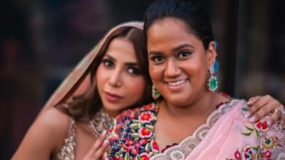 Arpita Khan poses with her new sister-in-law Sshura Khan. Sshura Khan wore a pasel peach lehenga with just a neckpiece for her simple yet elegant look. The wedding was mostly a family affair with few guests from the industry. Arpita Khan poses with her new sister-in-law Sshura Khan. Sshura Khan wore a pasel peach lehenga with just a neckpiece for her simple yet elegant look. The wedding was mostly a family affair with few guests from the industry. 