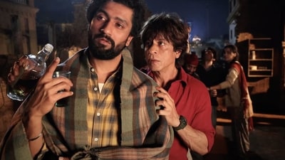 Vicky Kaushal and Shah Rukh Khan in a still from Dunki. Vicky Kaushal and Shah Rukh Khan in a still from Dunki.
