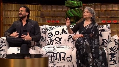 Saif Ali Khan and Sharmila Tagore in a still from Koffee With Karan 8 promo. Saif Ali Khan and Sharmila Tagore in a still from Koffee With Karan 8 promo.