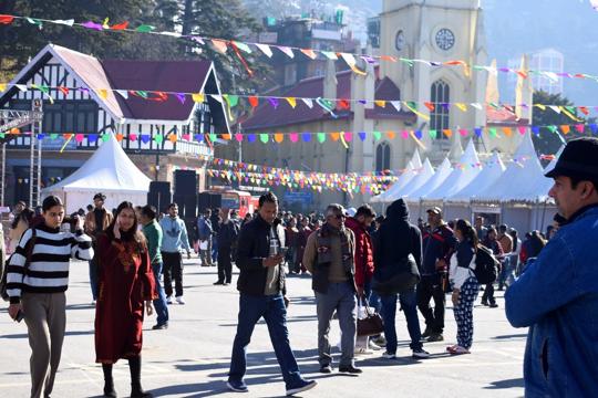 Visitors in front of the Christ Church on the Ridge on Christmas. (Deepak Sansta/HT)