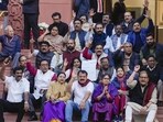 New Delhi: Suspended Opposition MPs protest during the Winter session of Parliament on Monday. (PTI)