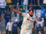 Indian bowler Mohammed Shami celebrates Indian bowler Mohammed Shami celebrates